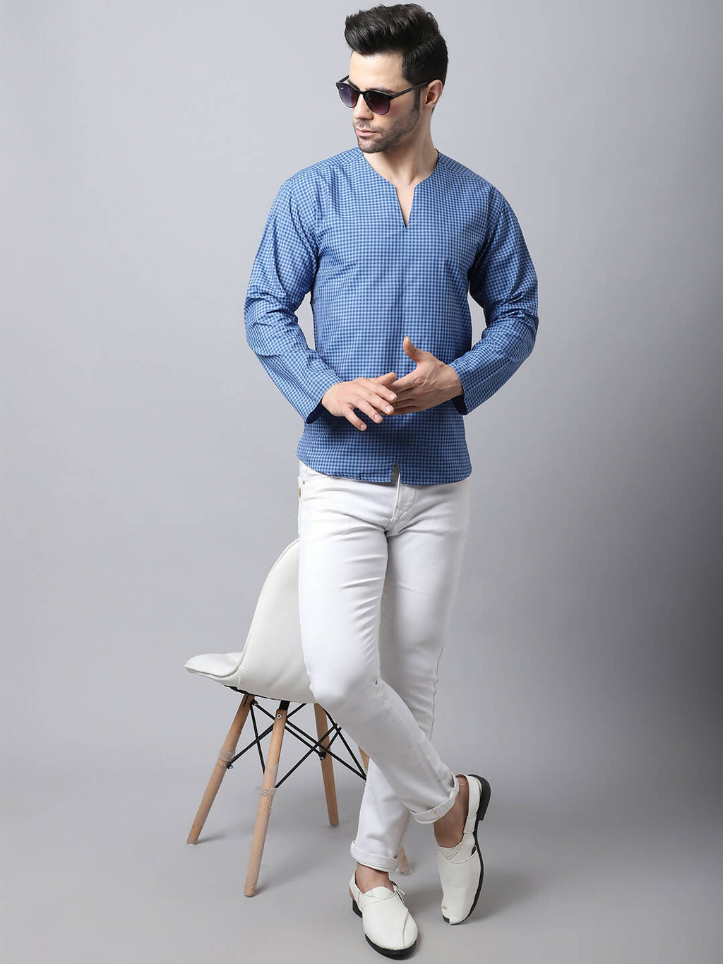 Even Apparels Blue Checked Men's Kurta With Band Collar | Grocsy