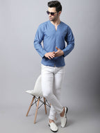 Even Apparels Blue Checked Men's Kurta With Band Collar | Grocsy