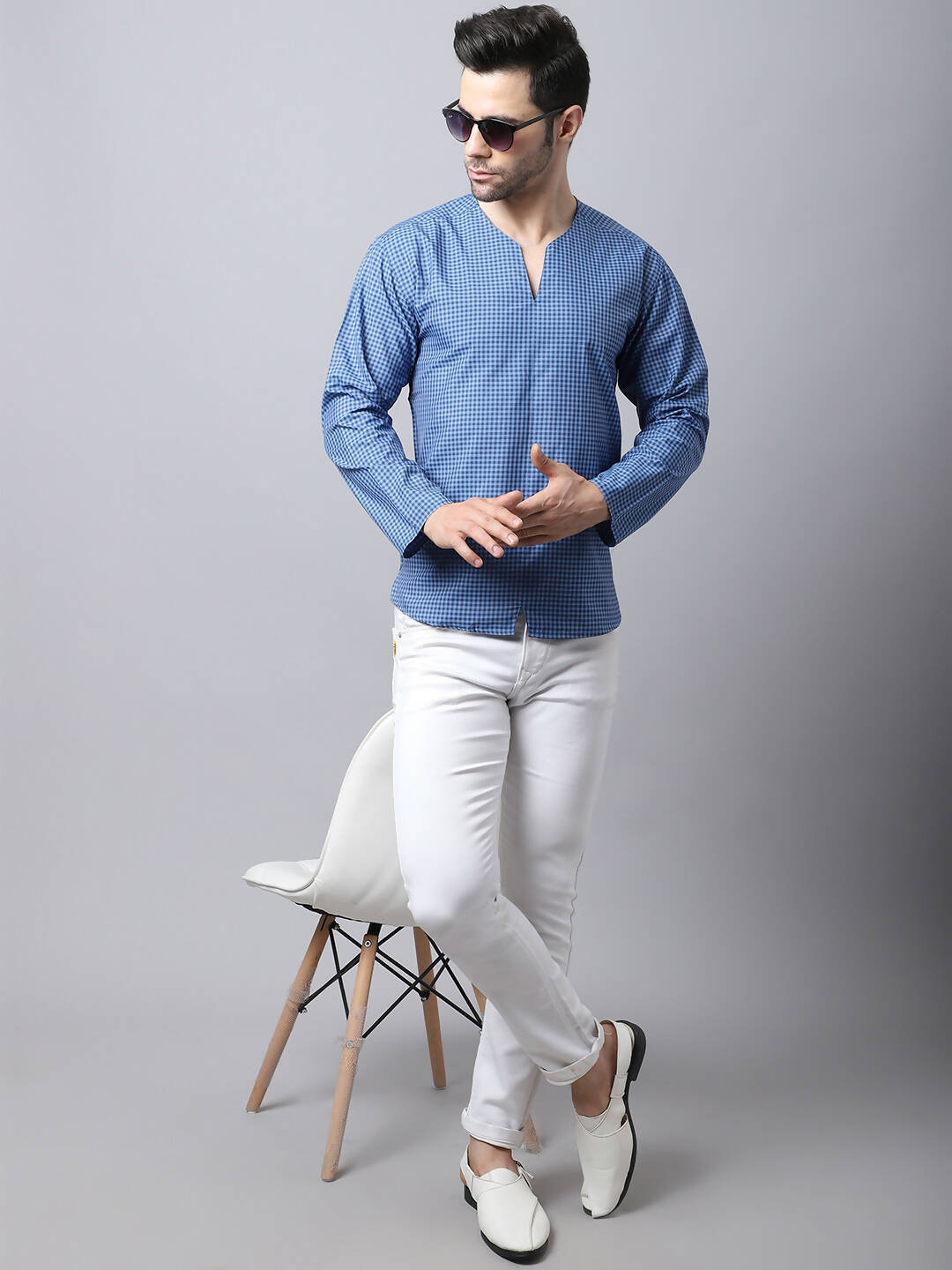 Even Apparels Blue Checked Men's Kurta With Band Collar | Grocsy