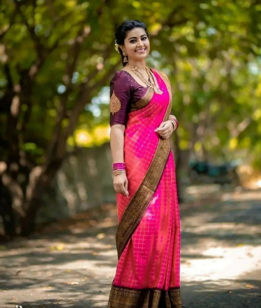 DEIANA'S Beautiful Designer Golden zari Soft Lichi Silk Saree - Pink | Grocsy