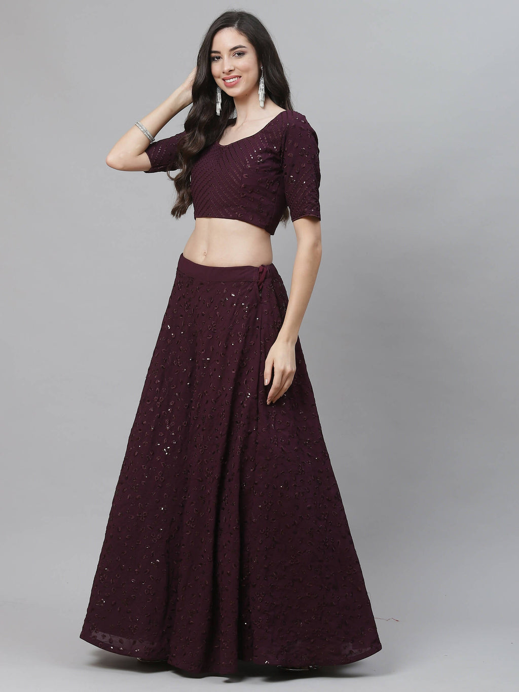 Purple Georgette Thread with Sequins Embroidery Work Lehenga Choli with Dupatta - Jivika | Grocsy