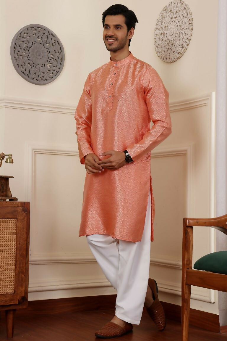 Orange Viscose Woven Jacquard Work Men's Rajwadi Kurta Set - Mahotsav | Grocsy