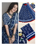 Exclusive Collection Blue White Beautiful Mulmul Cotton Saree | Grocsy