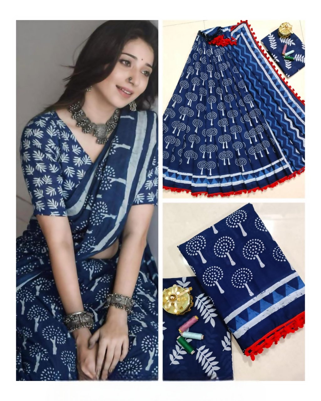 Exclusive Collection Blue White Beautiful Mulmul Cotton Saree | Grocsy