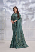 Sea Green Crepe satin silk Cord & Sequence Embroidered with Stone work Saree - Mohmanthan Majestica | Grocsy