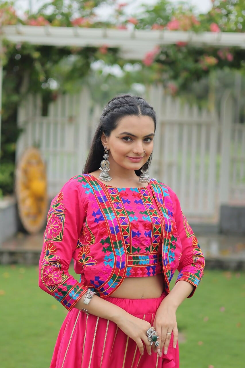 Teeya Creation Pink Colour Roman Silk With Gamathi Work Navratri Lehenga Choli | Grocsy