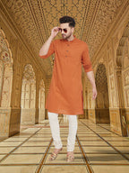 Even Apparels Men's Orange Emboided Cotton Kurta | Grocsy