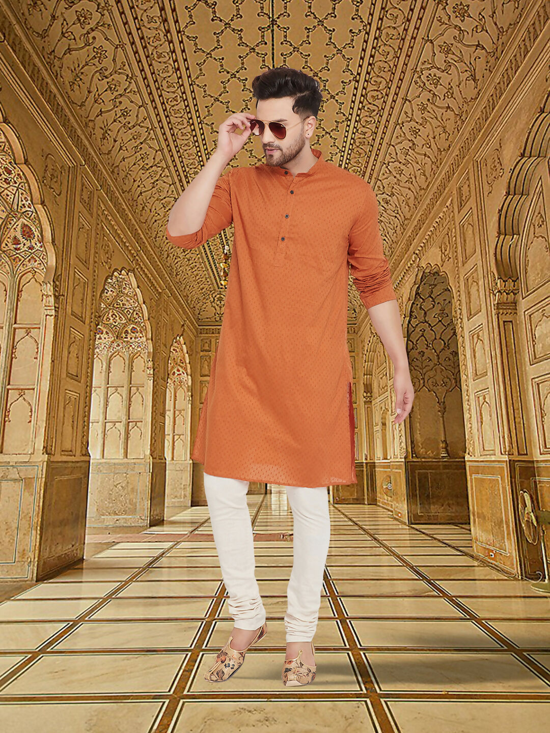 Even Apparels Men's Orange Emboided Cotton Kurta | Grocsy