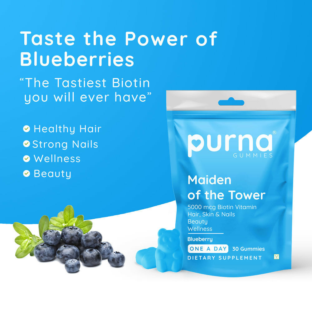 Purna Gummies Biotin Blueberry Flavour Gummies with Vitamin B 12 for Stronger Hair and Nails | Grocsy