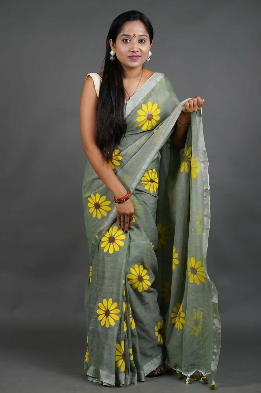 Exclusive Collection Light Pista Pure Cotton Saree With Sunflower Design | Grocsy