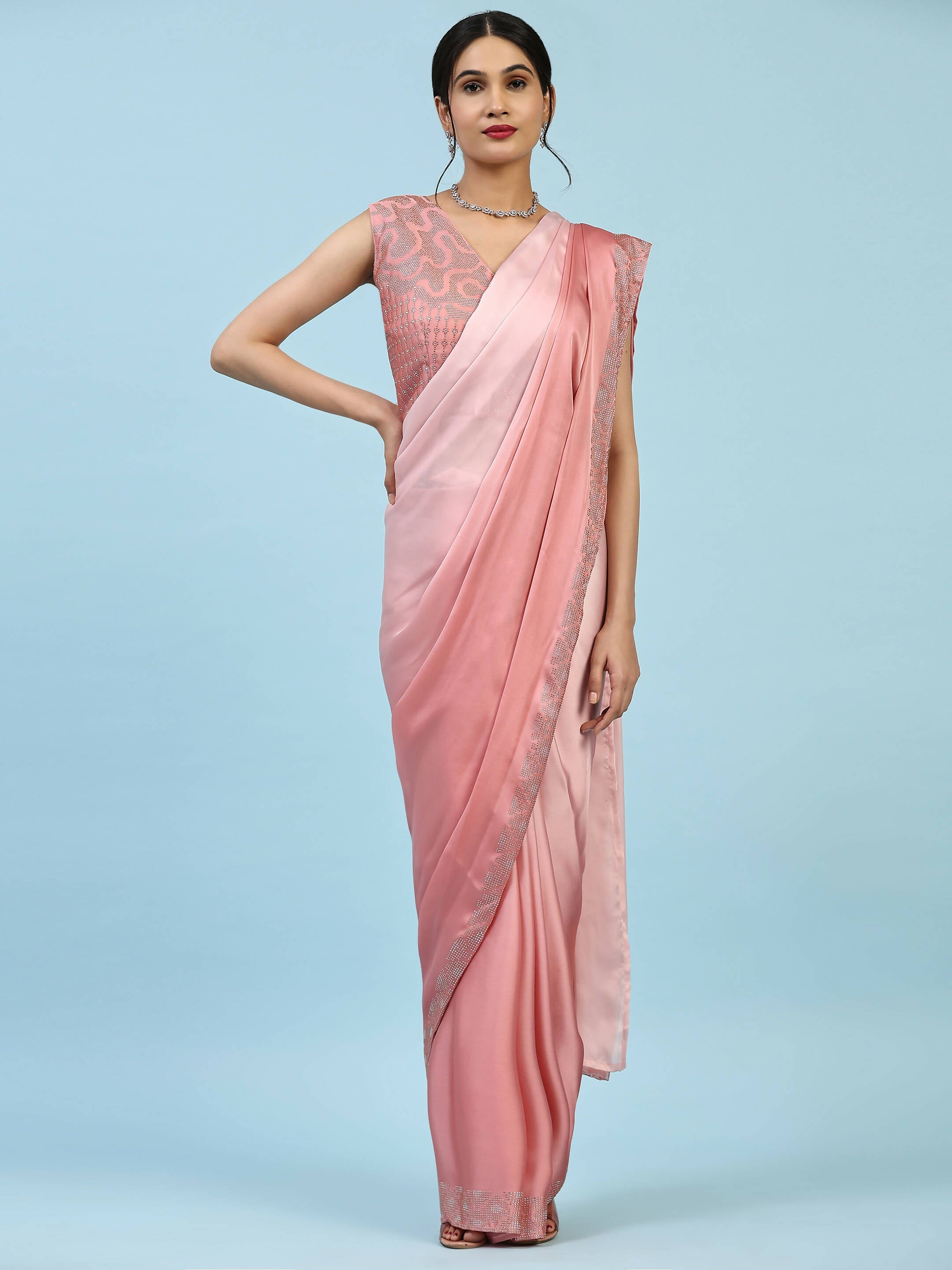 Peach Ombre Satin Georgette Plain Ready to wear Saree with stitched Blouse - Vrinda | Grocsy
