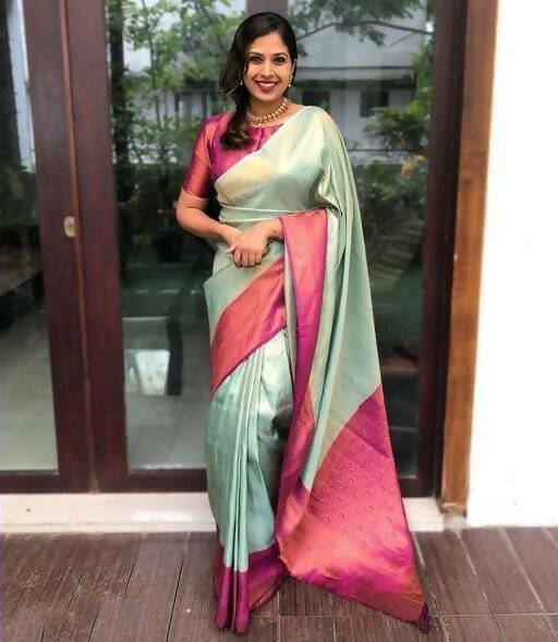 DEIANA'S Beautiful Designer Golden zari Soft Lichi Silk Saree - C Green | Grocsy
