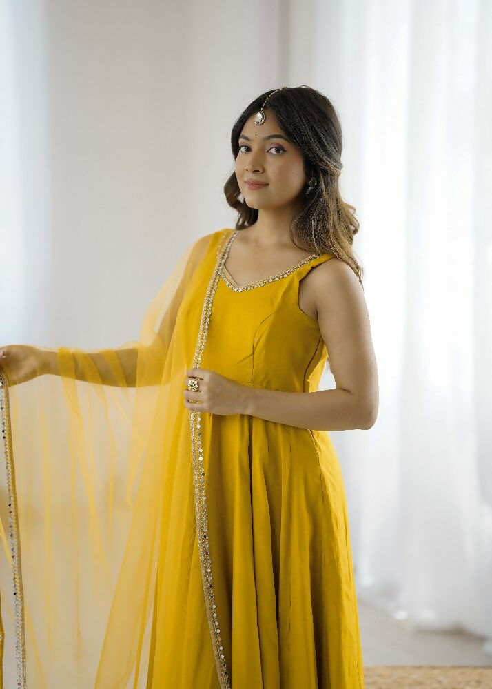 Joban Fashion Yellow Kurta Set Chanderi Sequence Embroidery Work | Grocsy