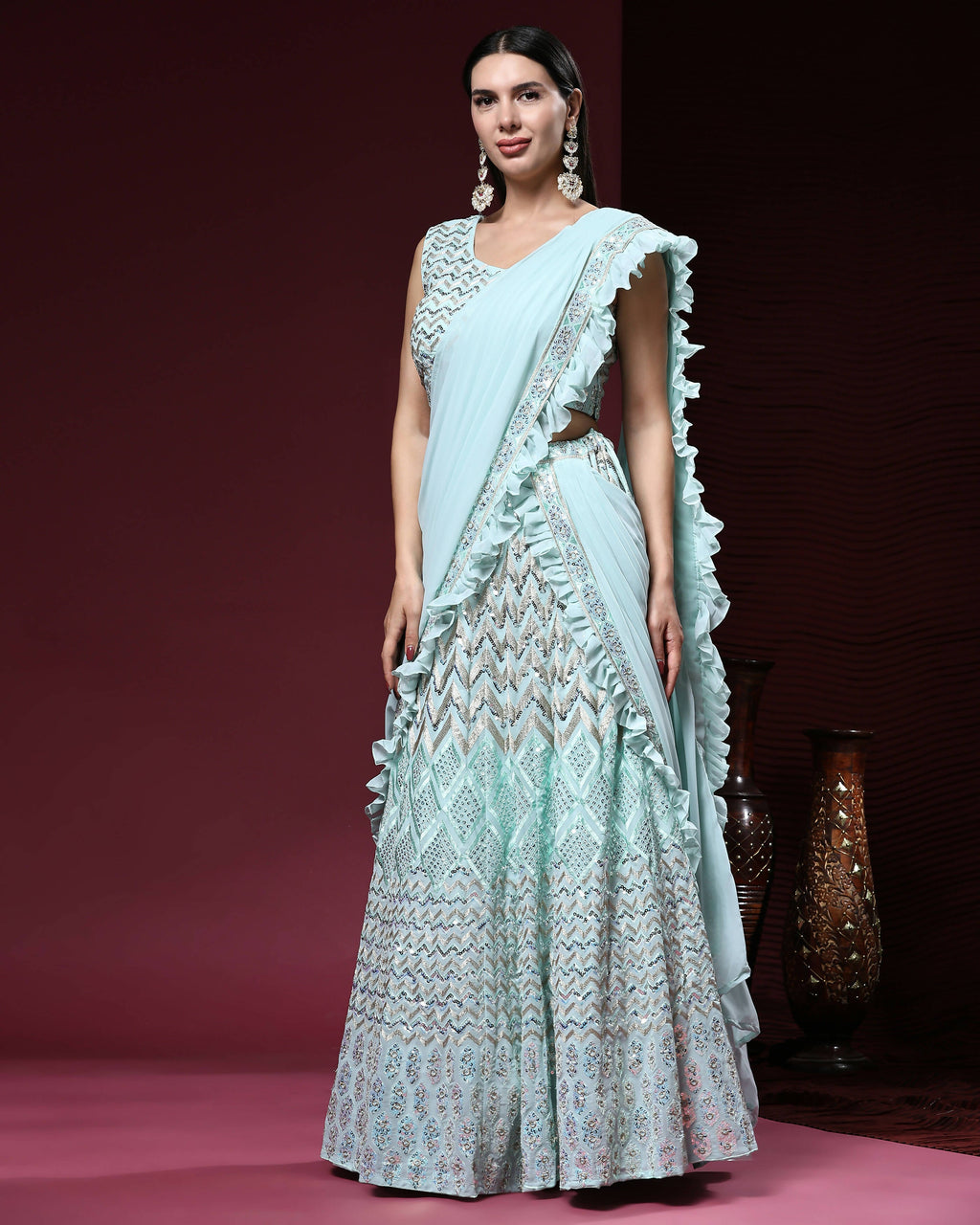 Sky Blue Pure Viscose Georgette Thread With Sequins Embroidery Work Lehenga Choli With Dupatta - Tanya | Grocsy