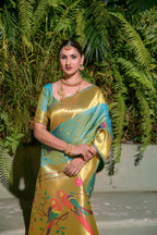 Jyoti Fashion Women's Firozi Paithani Silk Zari Woven Saree with Blouse | Grocsy