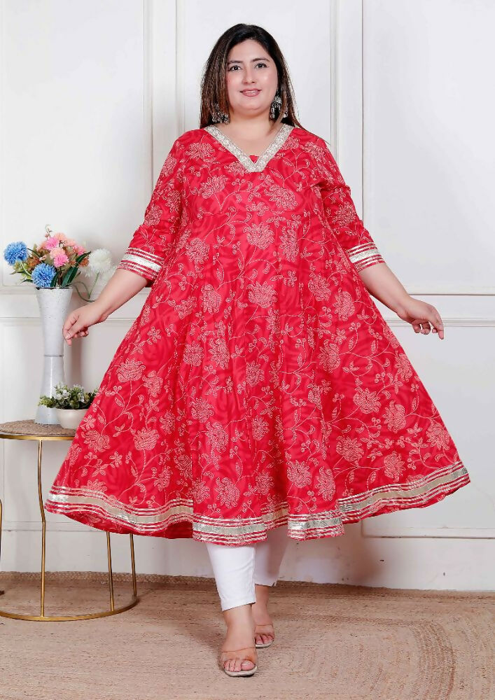 Miravan Plus Size Women'S Red Jaipuri Printed Cotton Ethnic Anarkali Kurta | Grocsy