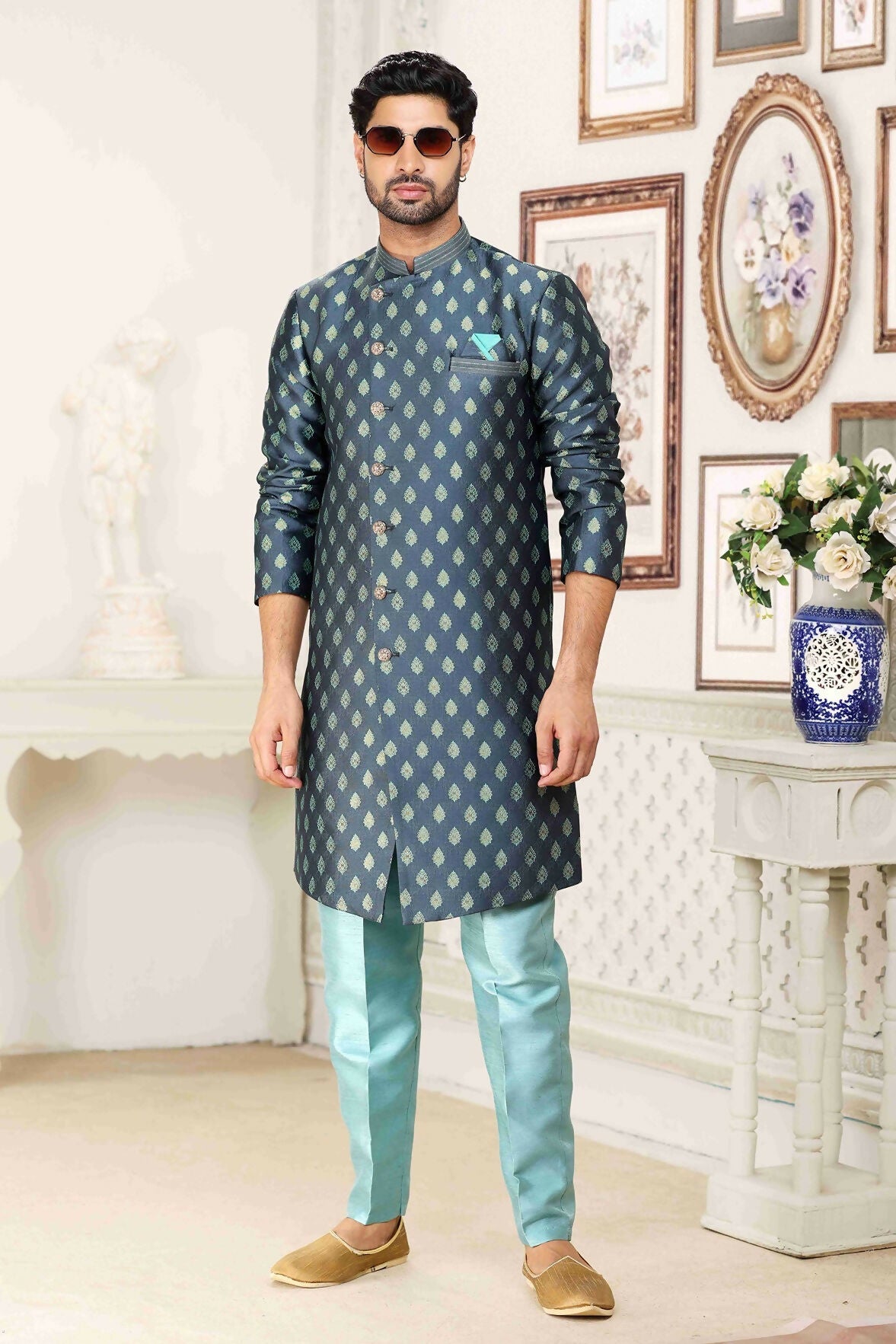 Raivat Ethnic Banarasi Jacquard Embroidery Semi Indo Western Sherwani In Grey Blue Colour | Grocsy