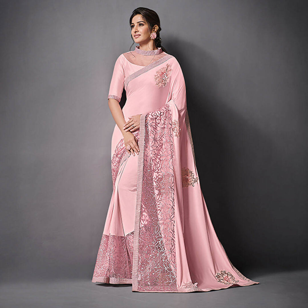 Pink Lycra Raw Silk Sequins Embroidery, Applique Work Saree - Norita Eileen | Grocsy