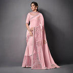 Pink Lycra Raw Silk Sequins Embroidery, Applique Work Saree - Norita Eileen | Grocsy