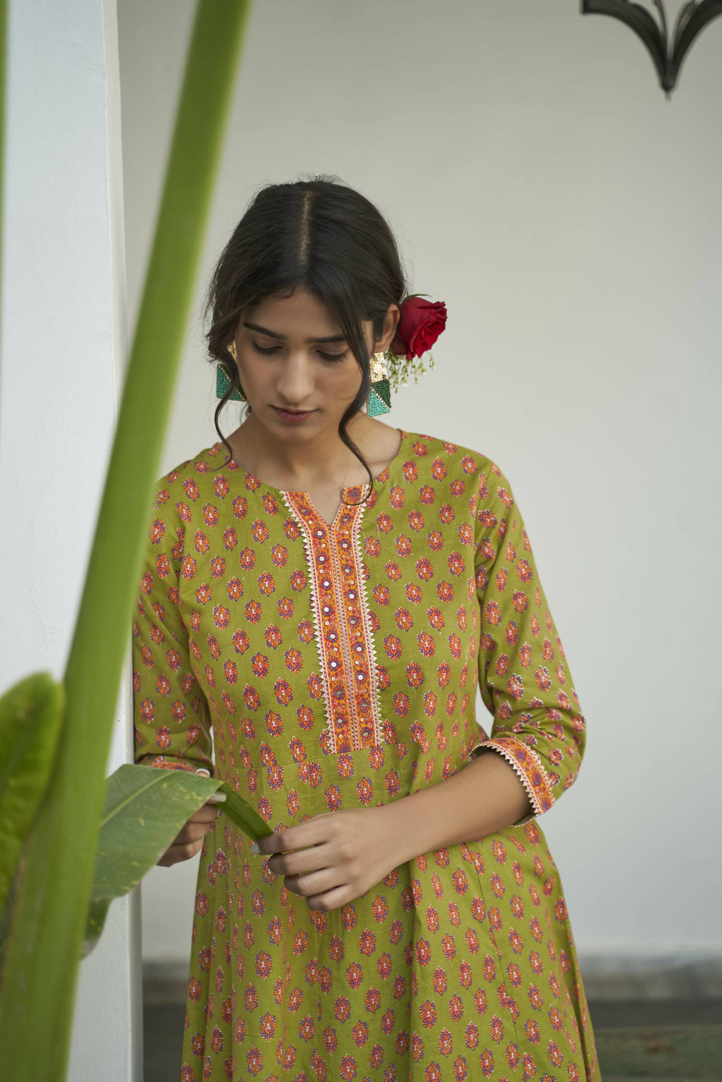 Green Cotton Floral Printed A line Kurta - Prasuti | Grocsy
