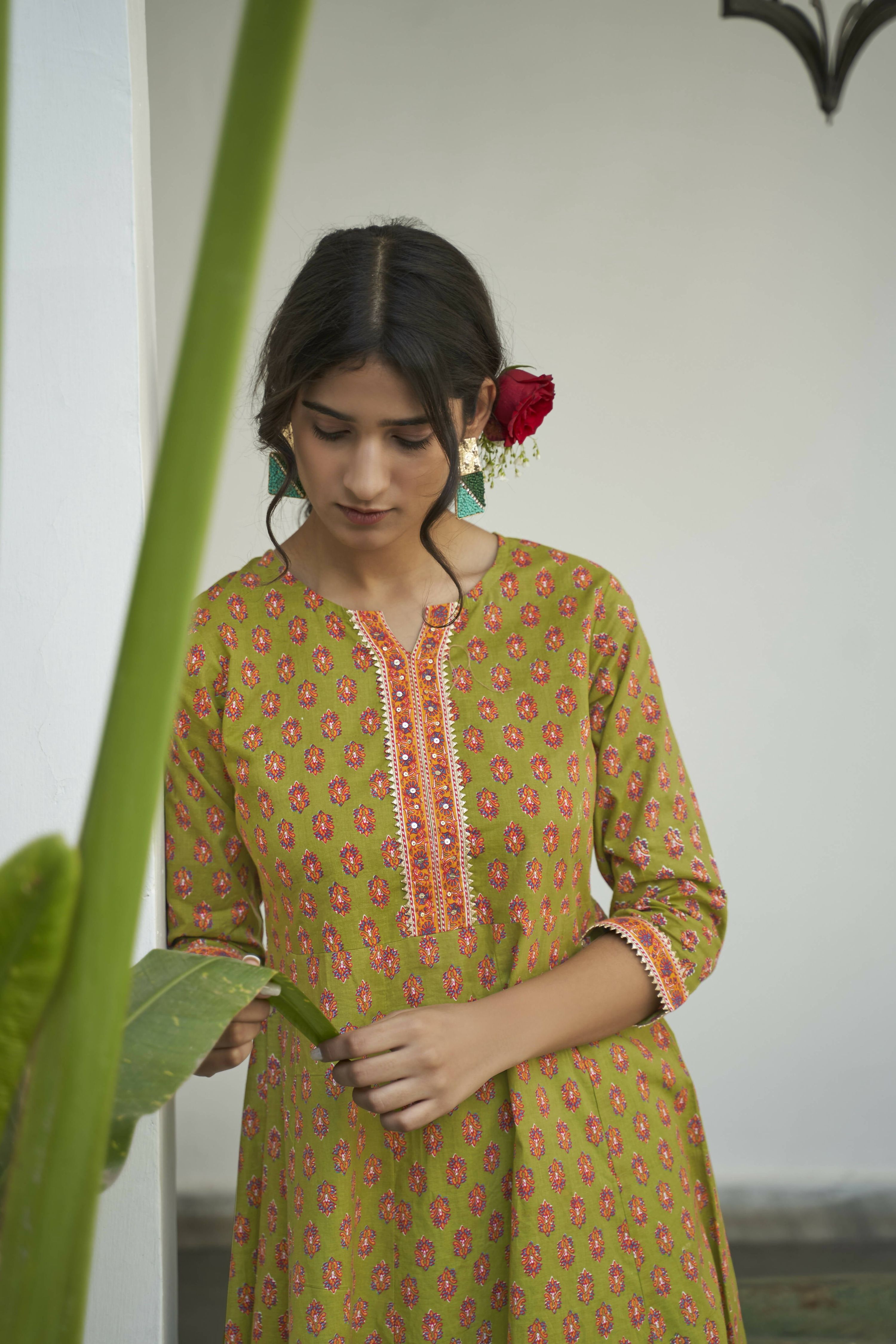 Green Cotton Floral Printed A line Kurta - Prasuti | Grocsy
