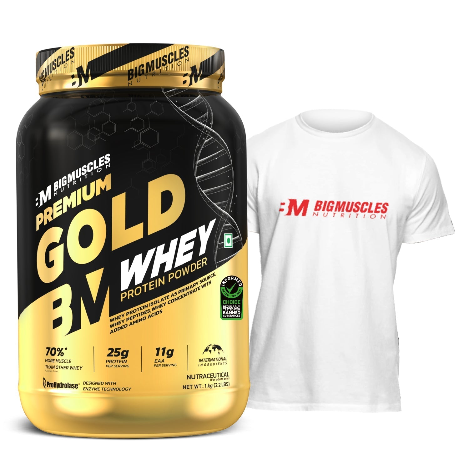 Big Muscles Nutrition Premium Gold Whey & TShirt-L Combo | Grocsy