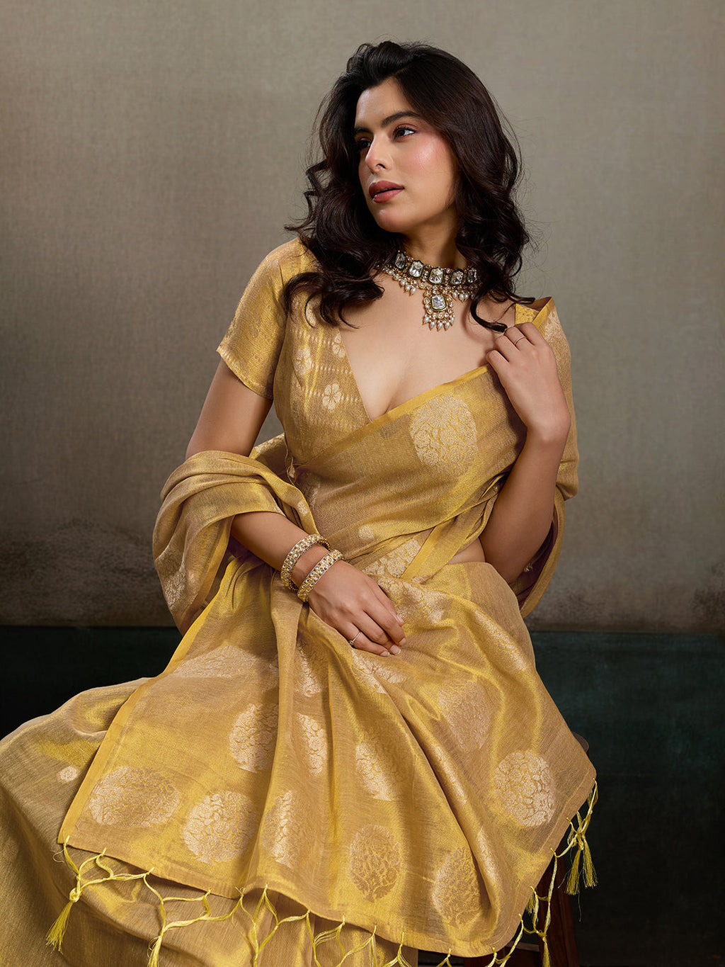 Anaita Gold Tissue Silk Woven Saree With Blouse | Grocsy