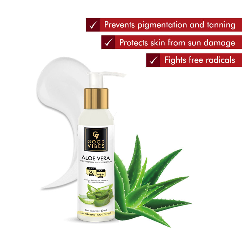 Good Vibes Aloe Vera Wide Spectrum Sunscreen Lotion SPF 50 | Grocsy