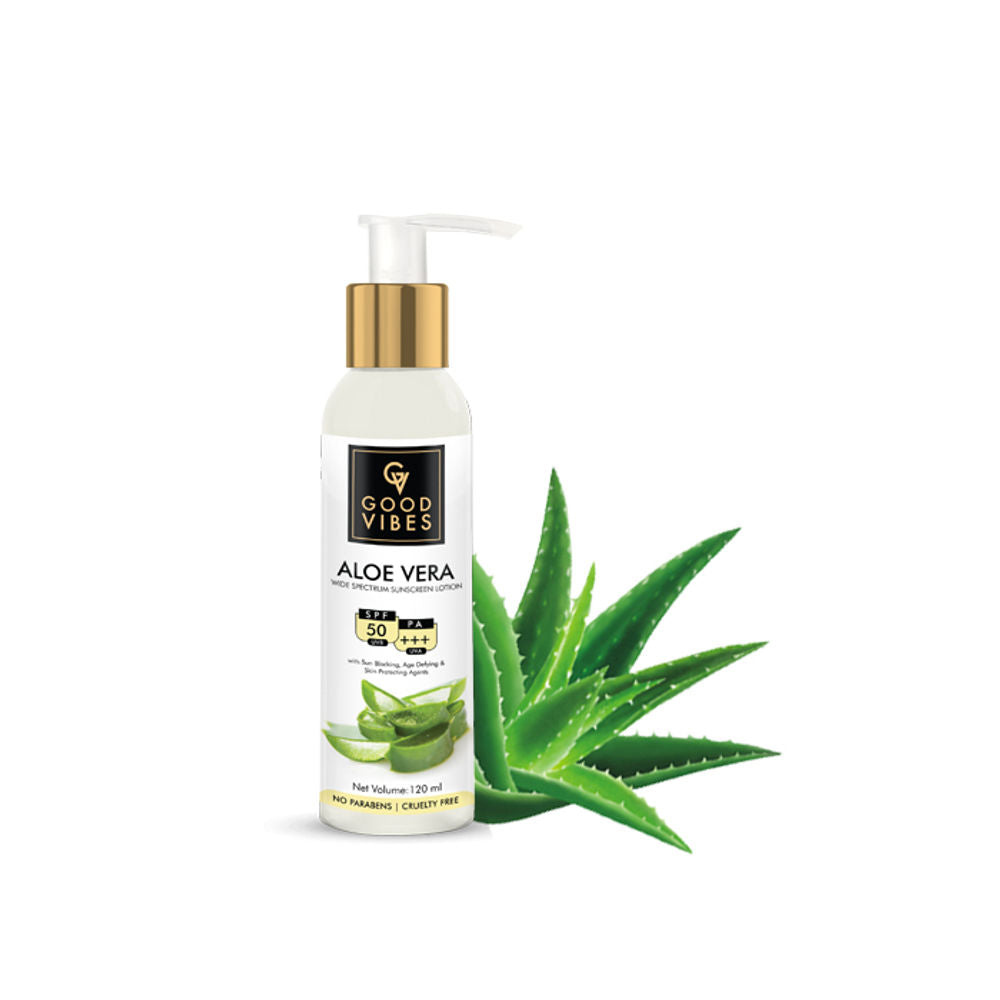 Good Vibes Aloe Vera Wide Spectrum Sunscreen Lotion SPF 50 | Grocsy