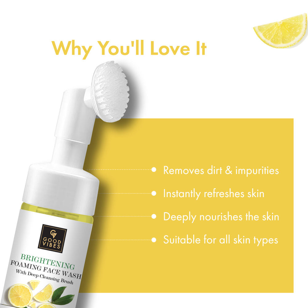 Good Vibes Lemon Brightening Foaming Face Wash With Deep Cleansing Brush | Grocsy