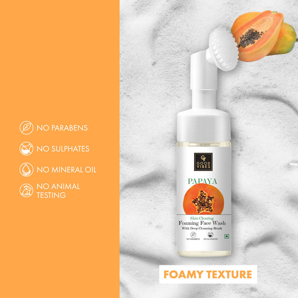 Good Vibes Papaya Skin Clearing Foaming Face Wash with Deep Cleansing Brush | Grocsy