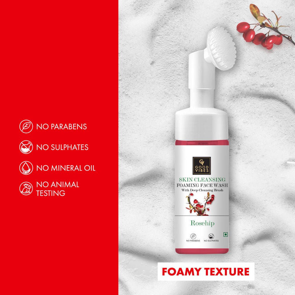 Good Vibes Rosehip Skin Clearing Foaming Face Wash With Deep Cleansing Brush | Grocsy