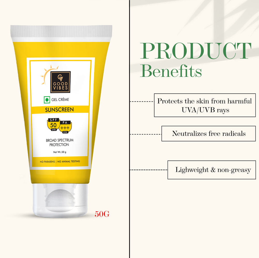Good Vibes UVA & UVB Protection SPF 50 PA+++ Broad Spectrum Gel Creme | Grocsy
