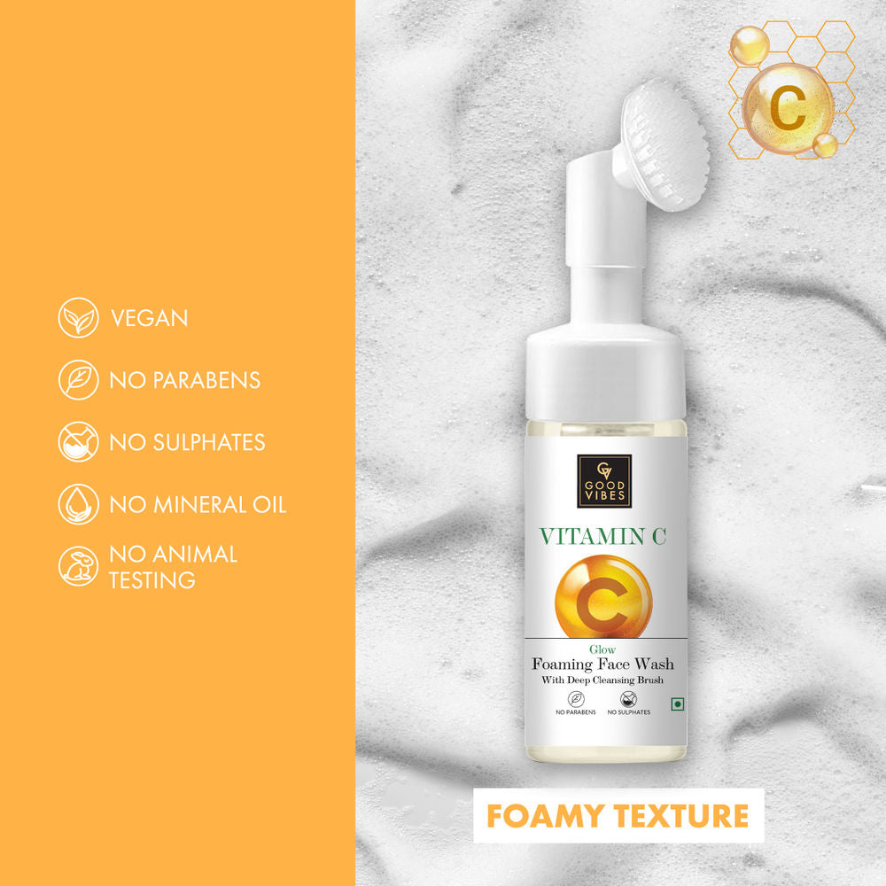 Good Vibes Vitamin C Glow Foaming Face Wash With Deep Cleansing Brush | Grocsy