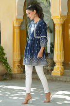 Juniper Women's Indigo Cambric Placement Printed Tunic | Grocsy
