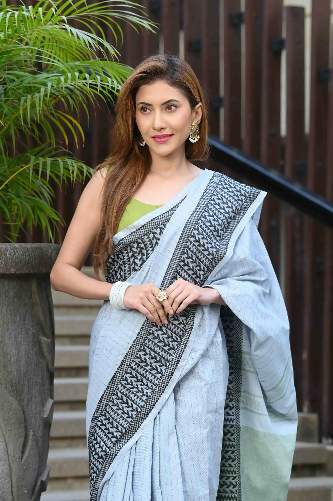 Beatitude Grey Cotton Jacquard Border Tangail Handloom Saree | Grocsy