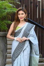 Beatitude Grey Cotton Jacquard Border Tangail Handloom Saree | Grocsy