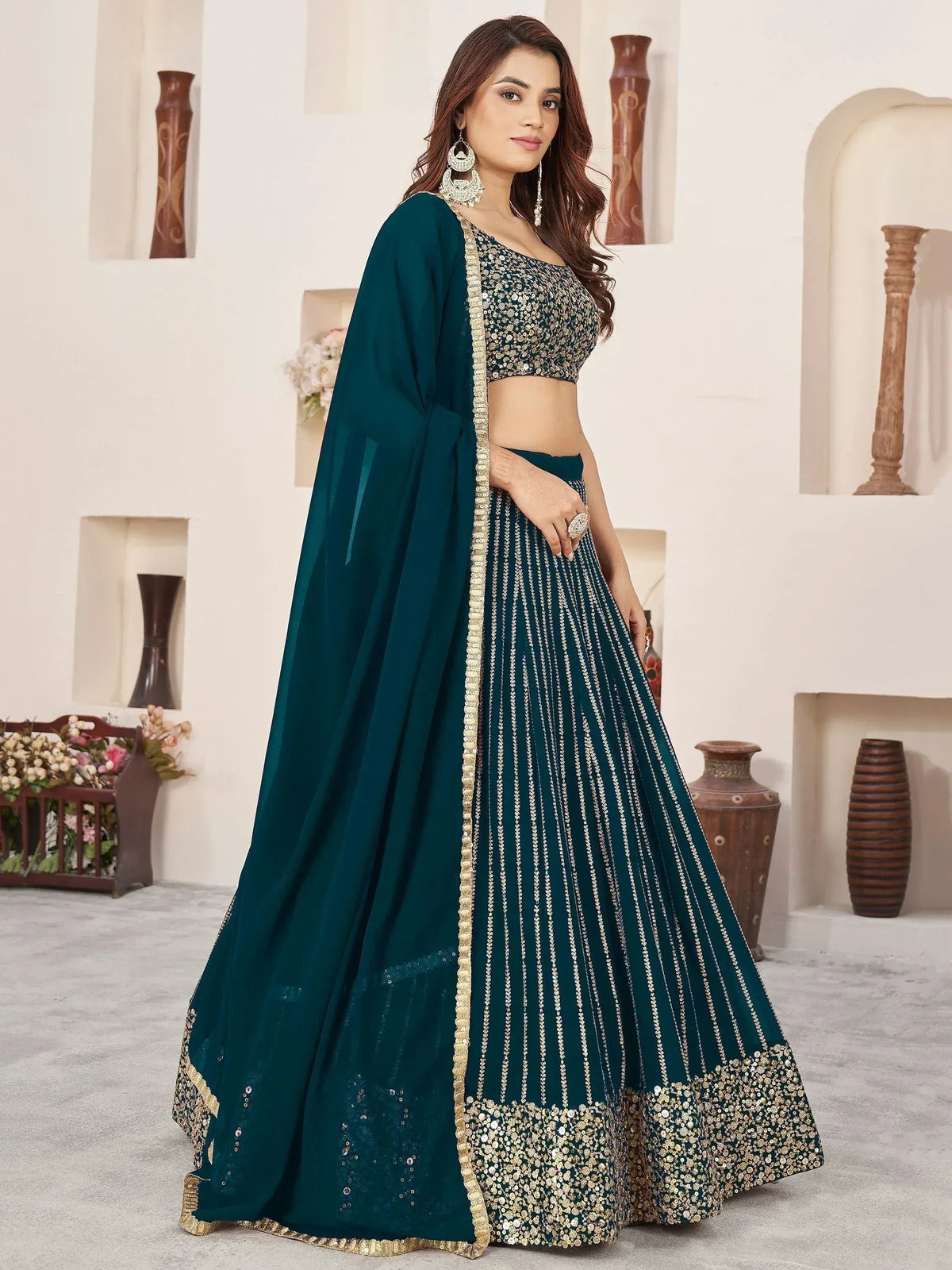 Tulsi Art Gorgeousâ Teal Green Sequins Work Georgette Function Wear Lehenga Choli | Grocsy
