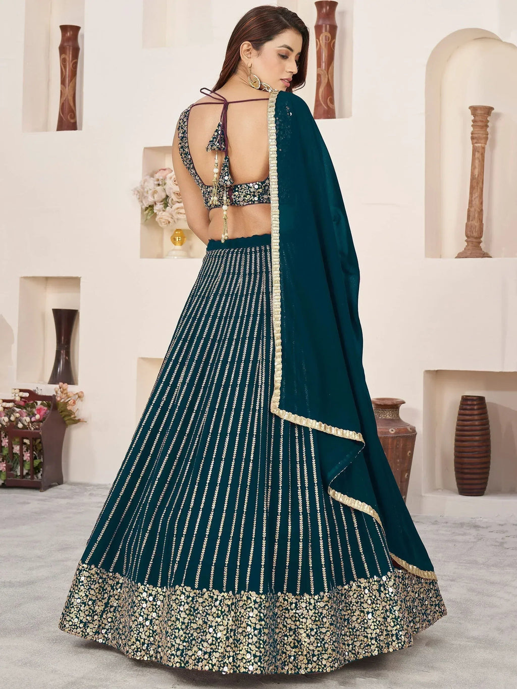 Tulsi Art Gorgeousâ Teal Green Sequins Work Georgette Function Wear Lehenga Choli | Grocsy