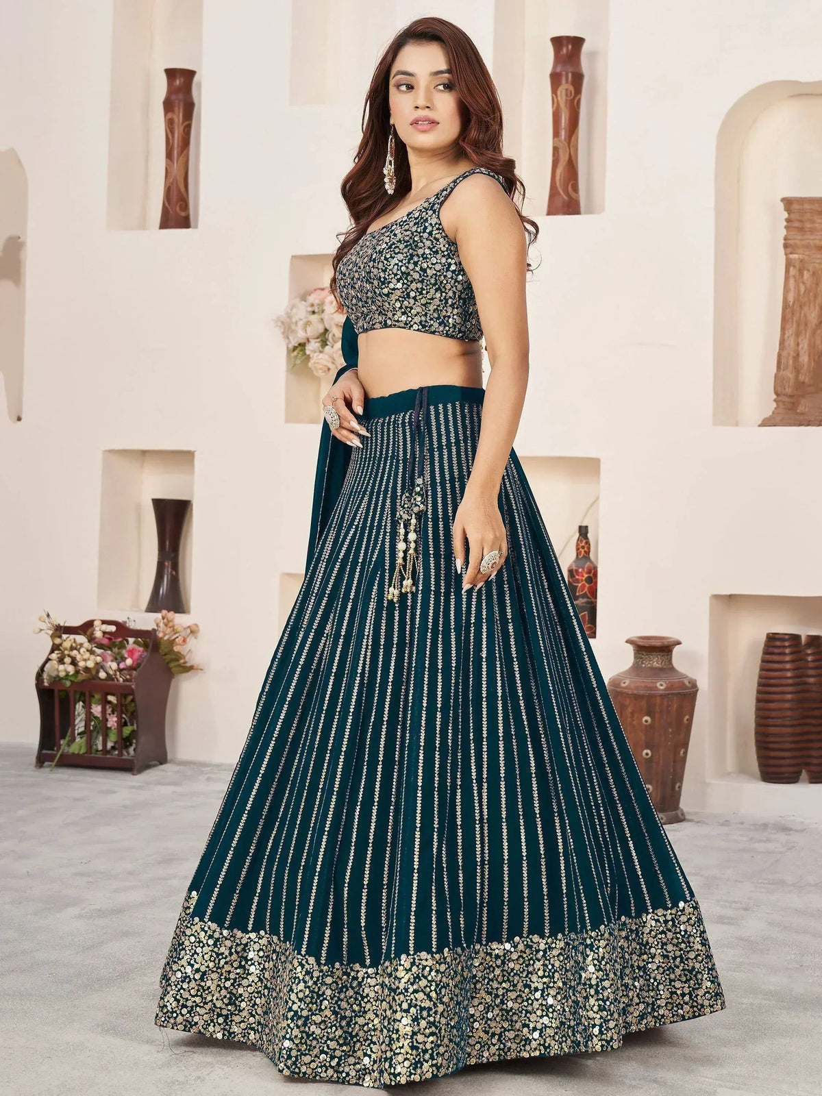 Tulsi Art Gorgeousâ Teal Green Sequins Work Georgette Function Wear Lehenga Choli | Grocsy
