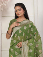 Shree Shyam Fashion Linen Cotton Green Saree | Grocsy