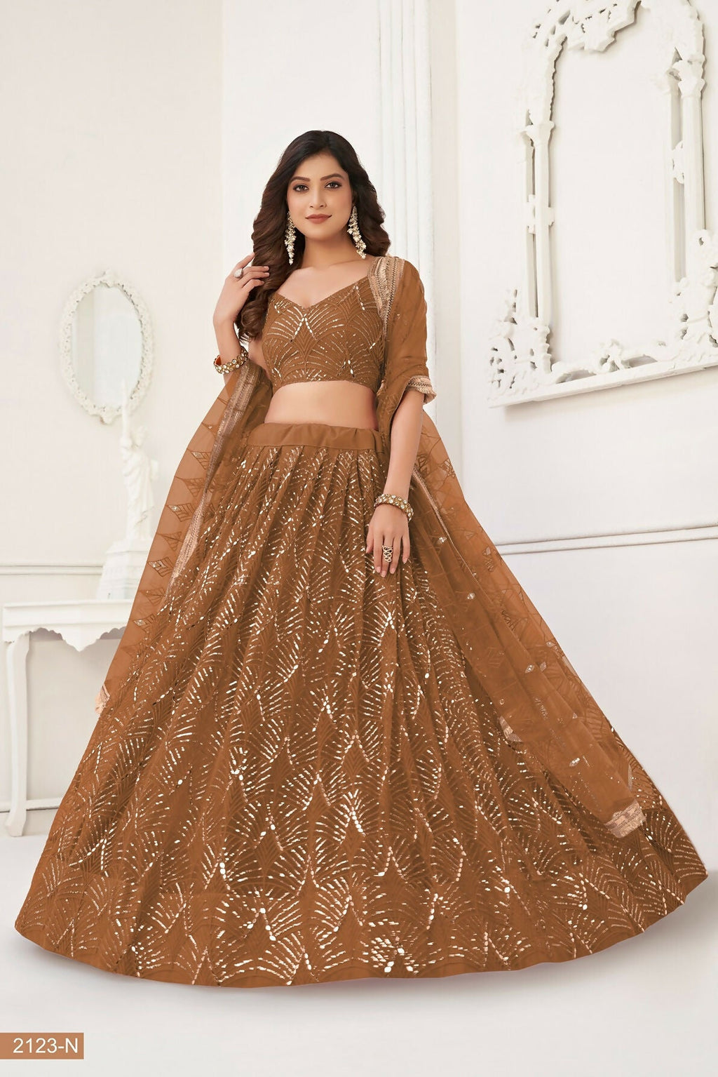 Eilara Brown Thread Sequin Embroidered Net Lehenga Set | Grocsy