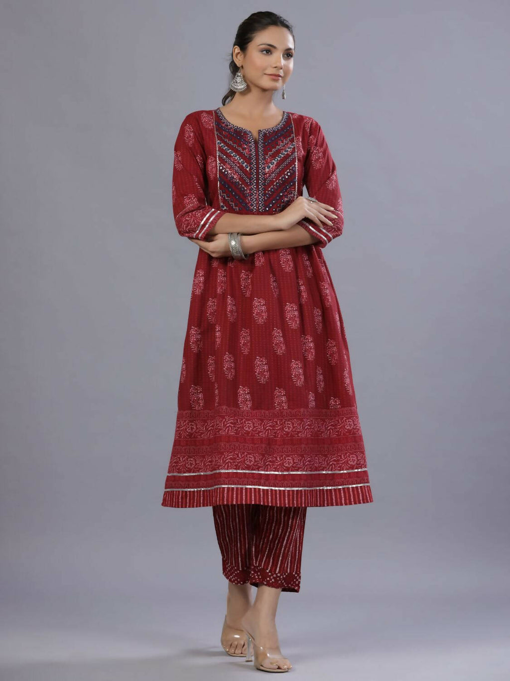 Juniper Women Maroon Cotton Cambric Batik texture Printed Kurta, Pants and Dupatta Set | Grocsy