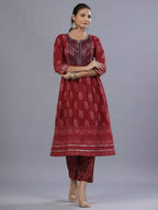 Juniper Women Maroon Cotton Cambric Batik texture Printed Kurta, Pants and Dupatta Set | Grocsy