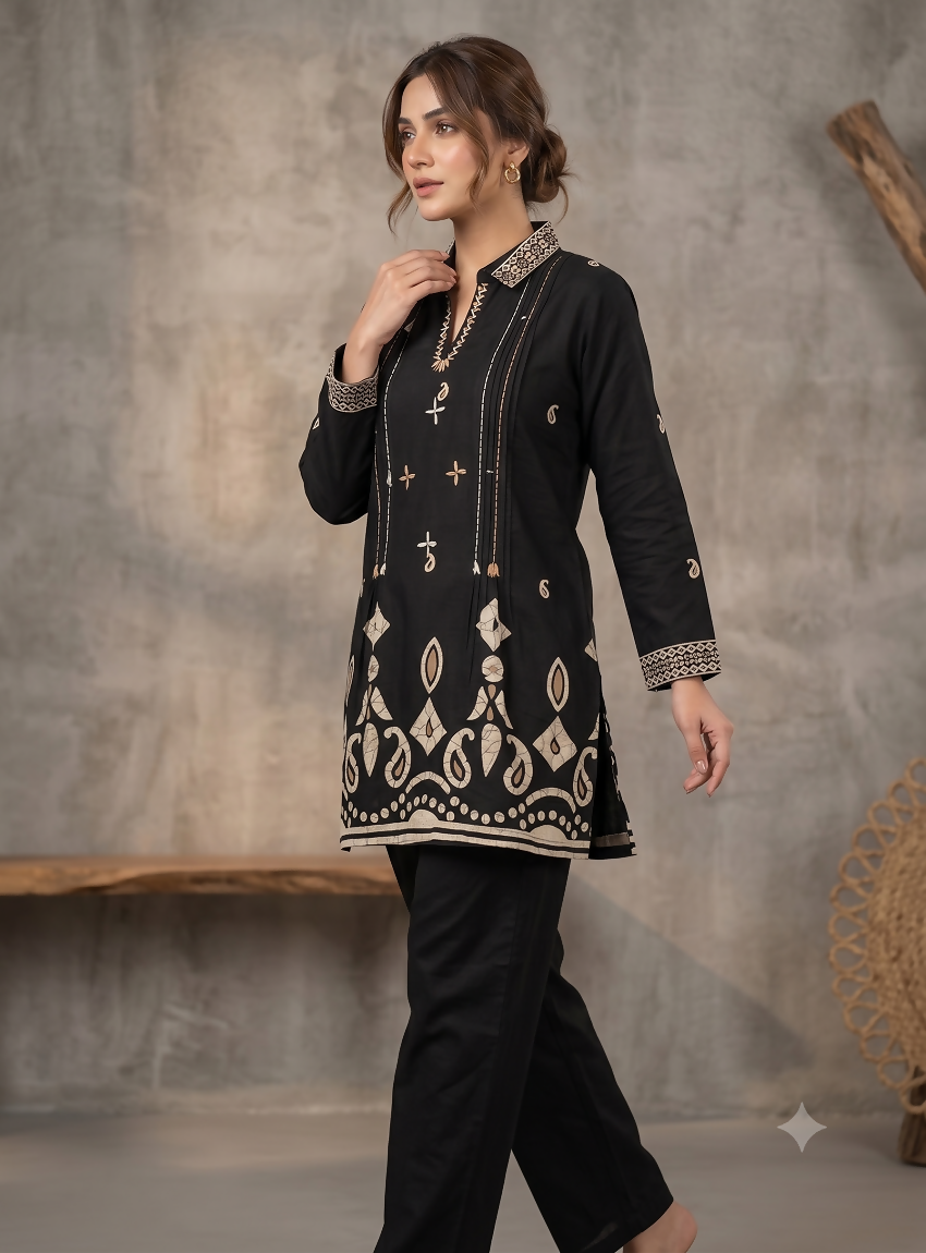 Teeya Creation Women Black Printed Cotton Kurti With Trousers Co-Ord Set | Grocsy