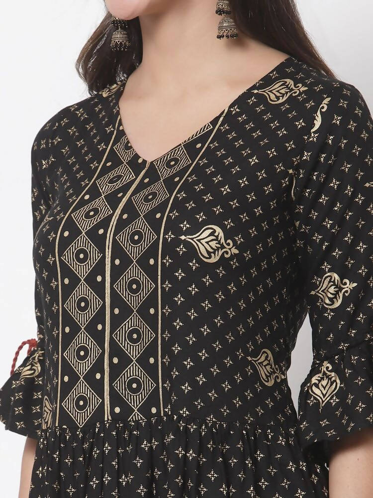 Myshka Women's Black Rayon Printed 3/4 Sleeve V Neck Casual Dress | Grocsy