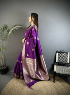 Joban Fashion Purple Floral Jacquard Woven Design Cotton Silk Banarasi Silk Saree | Grocsy