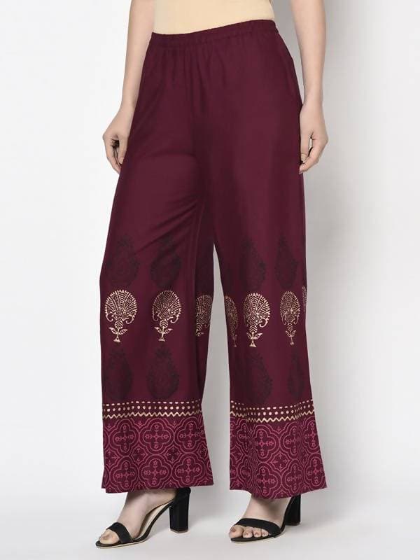 Aniyah Rayon Wine Color Block Print Flared Slip-On Palazzo (AN-173K) | Grocsy