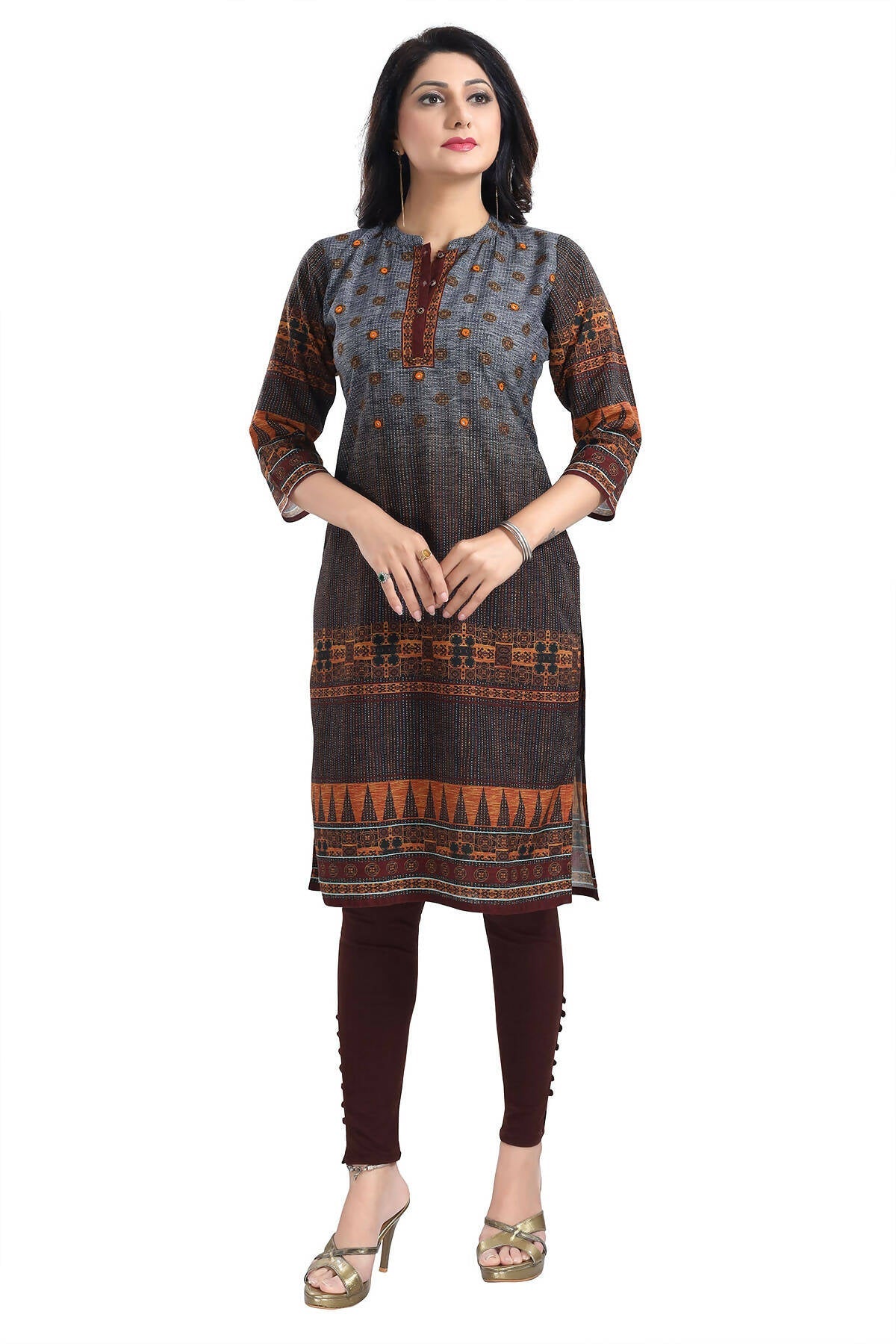 Snehal Creations Beautiful Brown Designer Print Cotton Slub Long Kurti Tunic | Grocsy