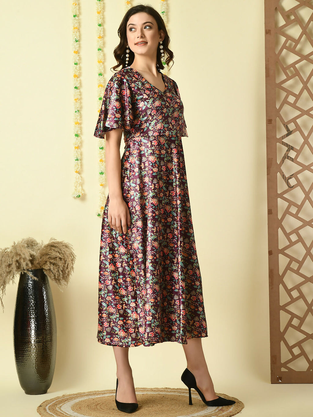 Myshka Women's Multi Printed Velvet Party Dress | Grocsy